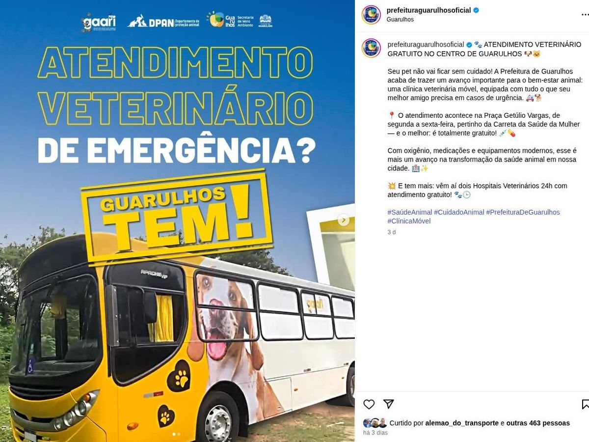 Postagem oficial da Prefeitura no Instagram em 11 de Julho de 2025, com comentários bloqueados, sobre a clínica veterinária móvel.